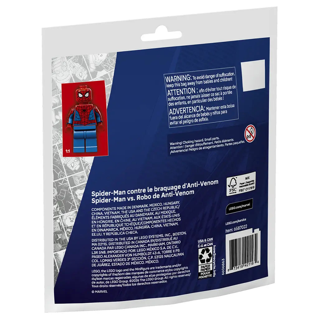 LEGO Marvel Spider-Man building set package back showing dark blue cardboard packaging, flat glossy print, Spider-Man minifigure image, safety warnings, multilingual text, recycling icons, and legal information for the Marvel set.