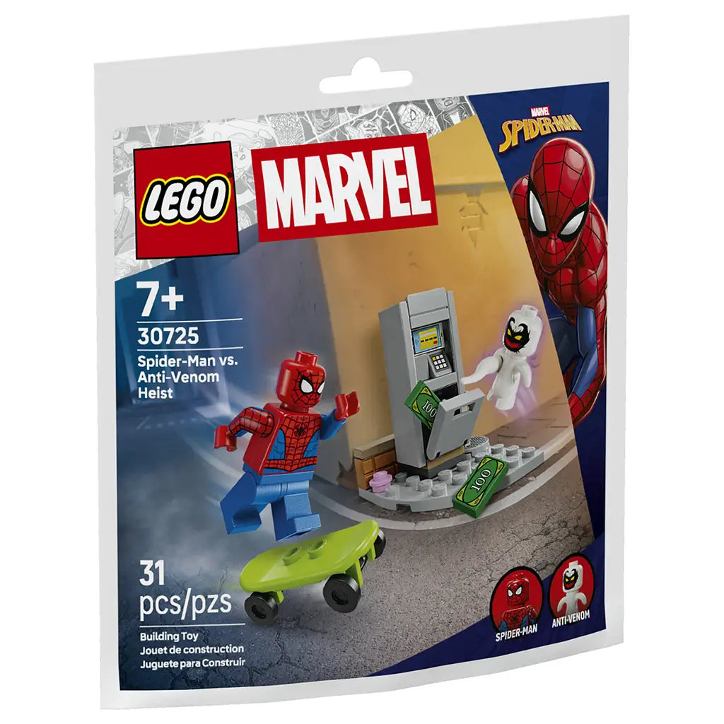 LEGO Marvel Spider-Man vs. Anti-Venom Heist building set package front showing blue and gray cardboard artwork, glossy printed pack, Spider-Man and Anti-Venom minifigures, ATM heist scene, age 7+ label, and 31-piece count.