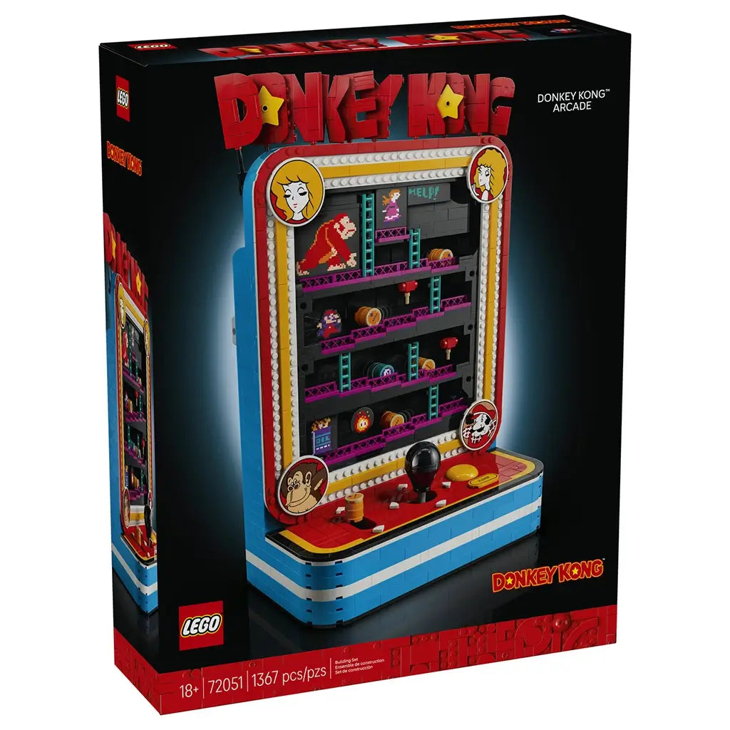 LEGO Donkey Kong Arcade set in red, blue and black plastic bricks, pictured as a retro game cabinet on the 1367-piece 72051 retail box against a dark background.