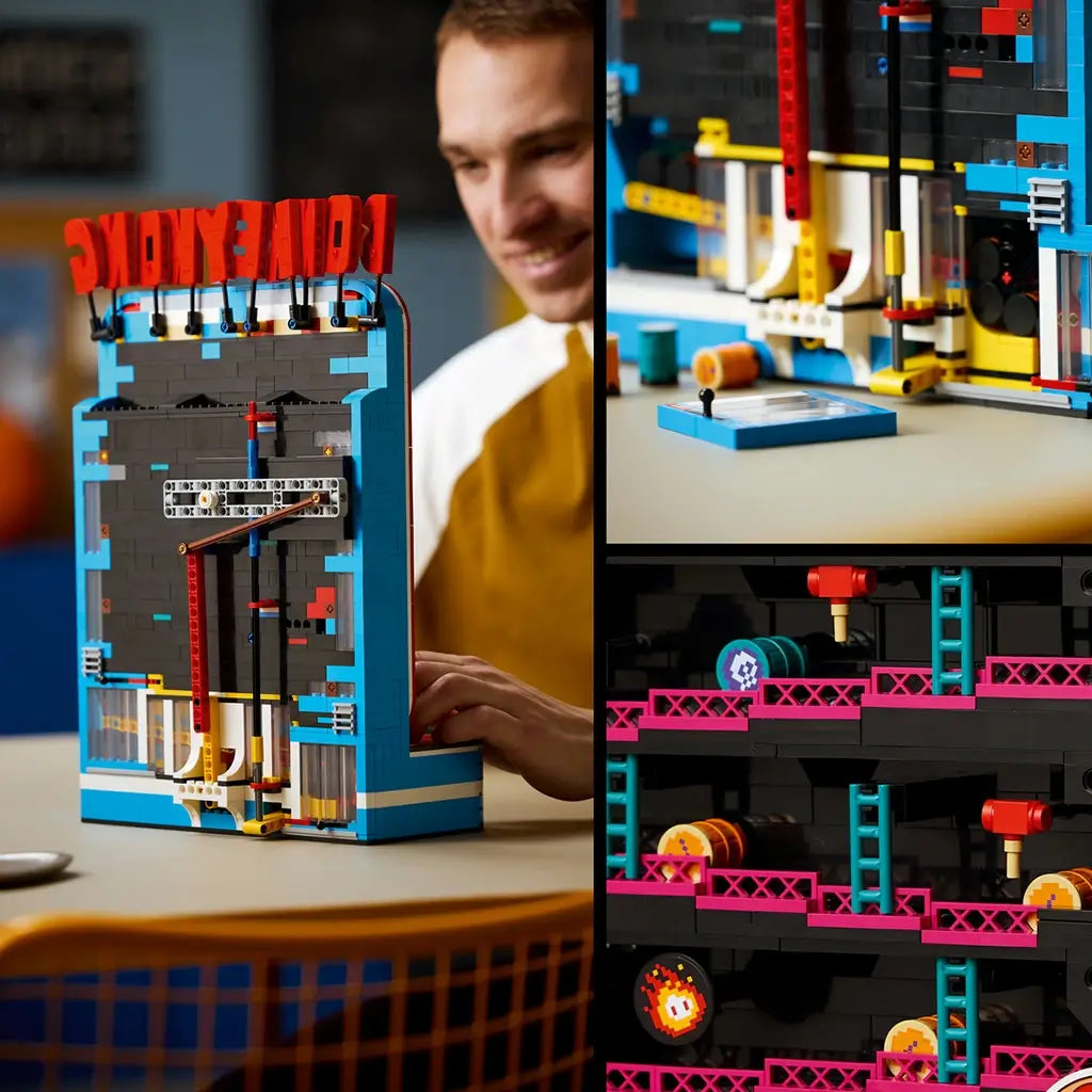 LEGO Donkey Kong Arcade in red, blue and black plastic bricks, shown from the rear with internal mechanisms and close-ups of moving barrels and platform features.
