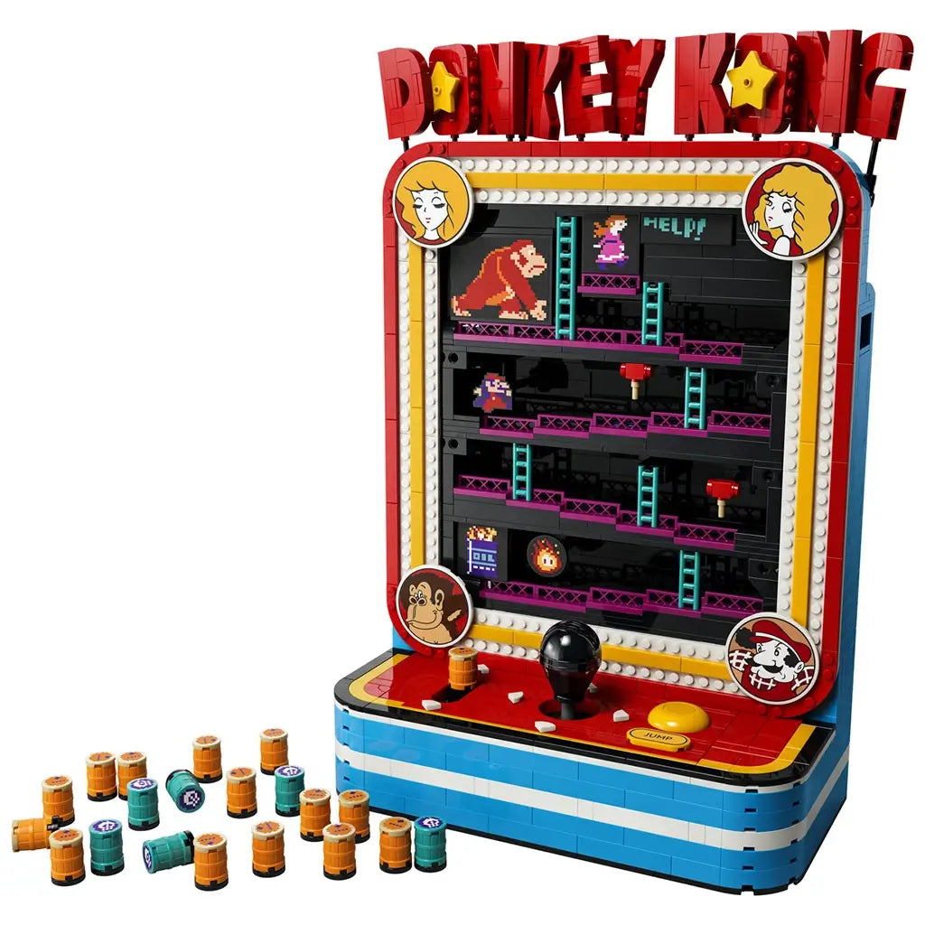 LEGO Donkey Kong Arcade in red, blue and black plastic bricks, built as a retro game cabinet with pixel characters, ladders, joystick, jump button and barrel pieces on white.