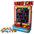 LEGO Donkey Kong Arcade in red, blue and black plastic bricks, built as a retro game cabinet with pixel characters, ladders, joystick, jump button and barrel pieces on white.
