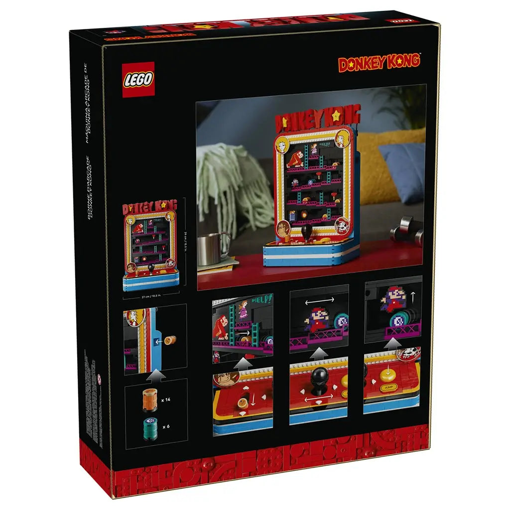 LEGO Donkey Kong Arcade 72051 retail box in black, showing the red, blue and black brick-built cabinet on display plus diagrams of barrel, joystick and jump features.
