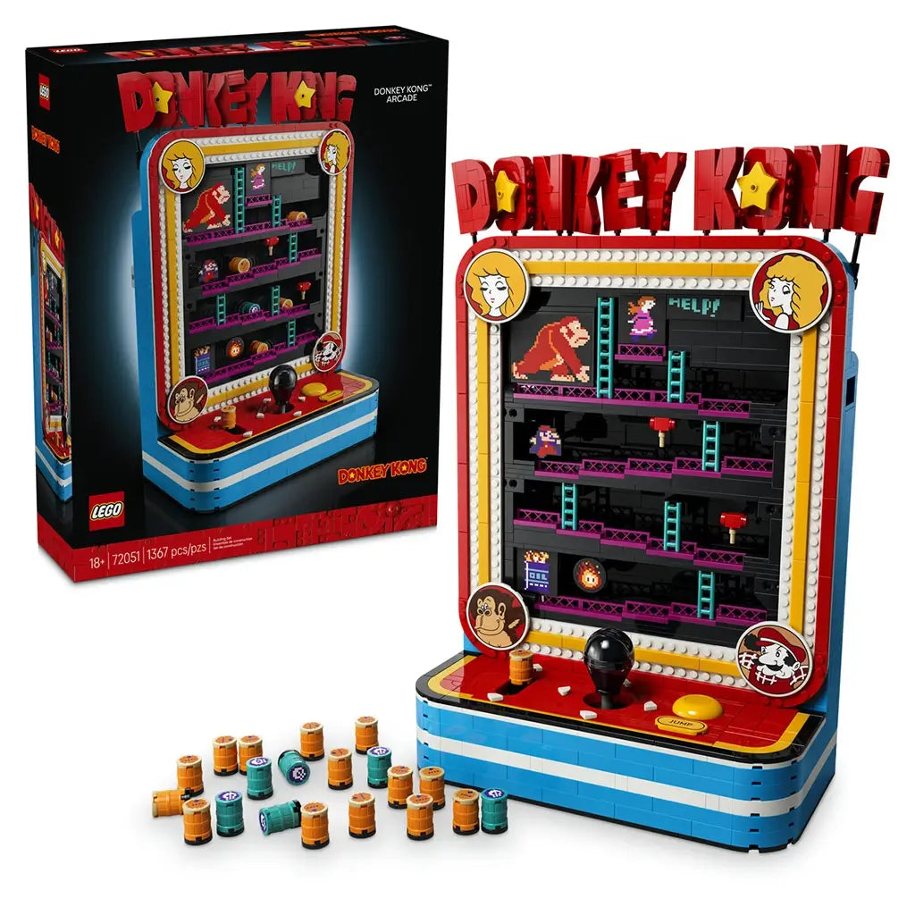 LEGO Donkey Kong Arcade in red, blue and black plastic bricks, displayed beside its 72051 retail box with pixel characters, ladders, joystick and loose barrel pieces on white.