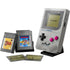 Complete LEGO Nintendo Game Boy set featuring the handheld console replica, two gray cartridge builds, and two printed game screen tiles replicating classic Nintendo titles.