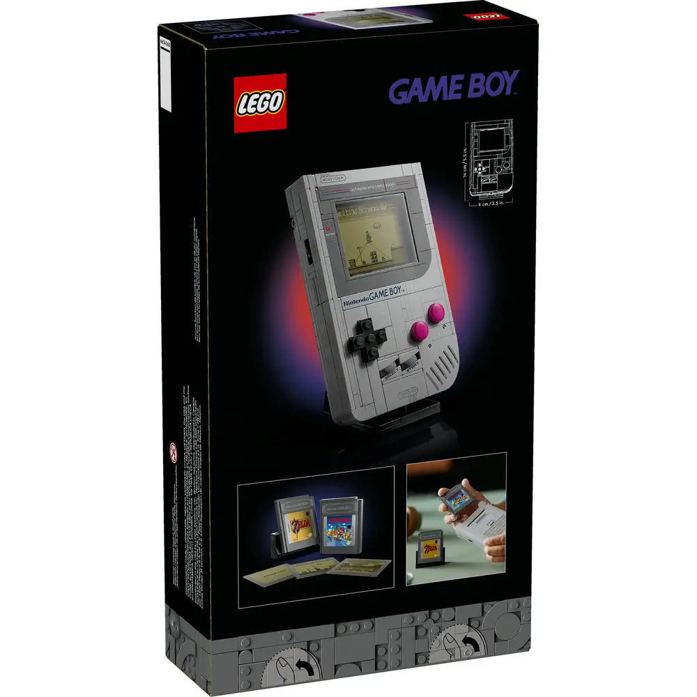 Back of LEGO Nintendo Game Boy box showing product features, cartridge builds, and interchangeable game screen tiles for The Legend of Zelda and Super Mario Land.