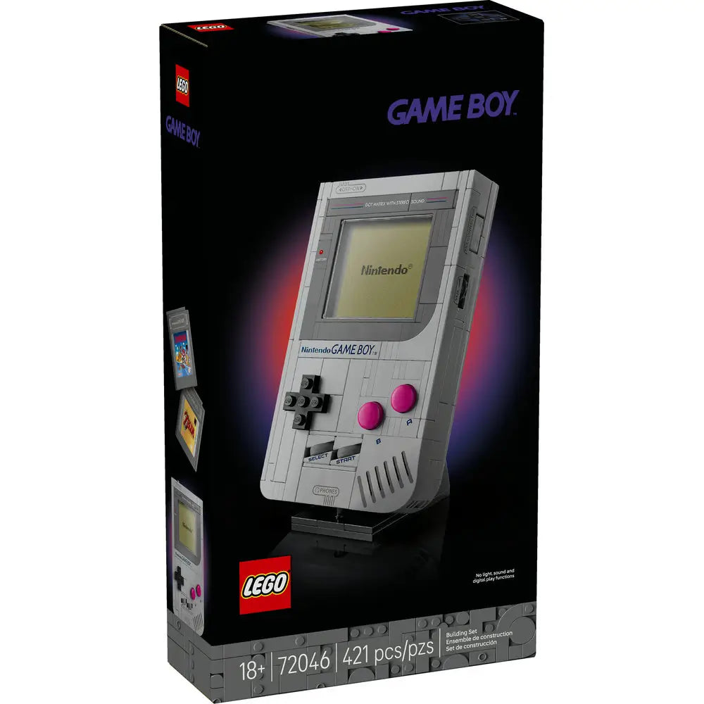 LEGO Nintendo Game Boy 421-piece box set featuring realistic details, pink buttons, and interchangeable cartridges celebrating Super Mario Land and The Legend of Zelda.