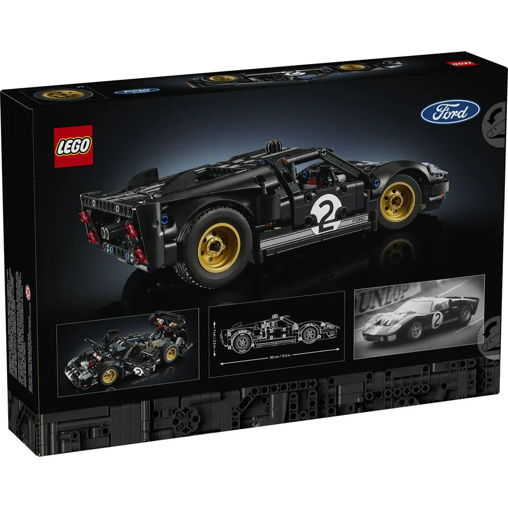 LEGO Technic Ford GT40 Mk II box back shows black packaging with rear and side views of the model, internal mechanism highlights, scale dimensions, and reference imagery of the original race car.