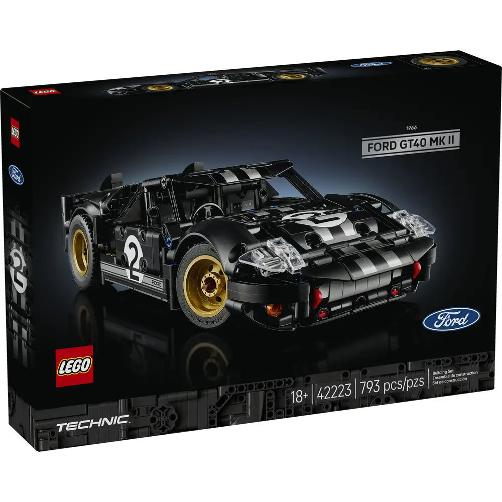 LEGO Technic Ford GT40 Mk II box front displays sleek black packaging with the classic 1966 race car model, bold white stripes, Ford branding, set number 42223, age 18+, and piece count highlighted.
