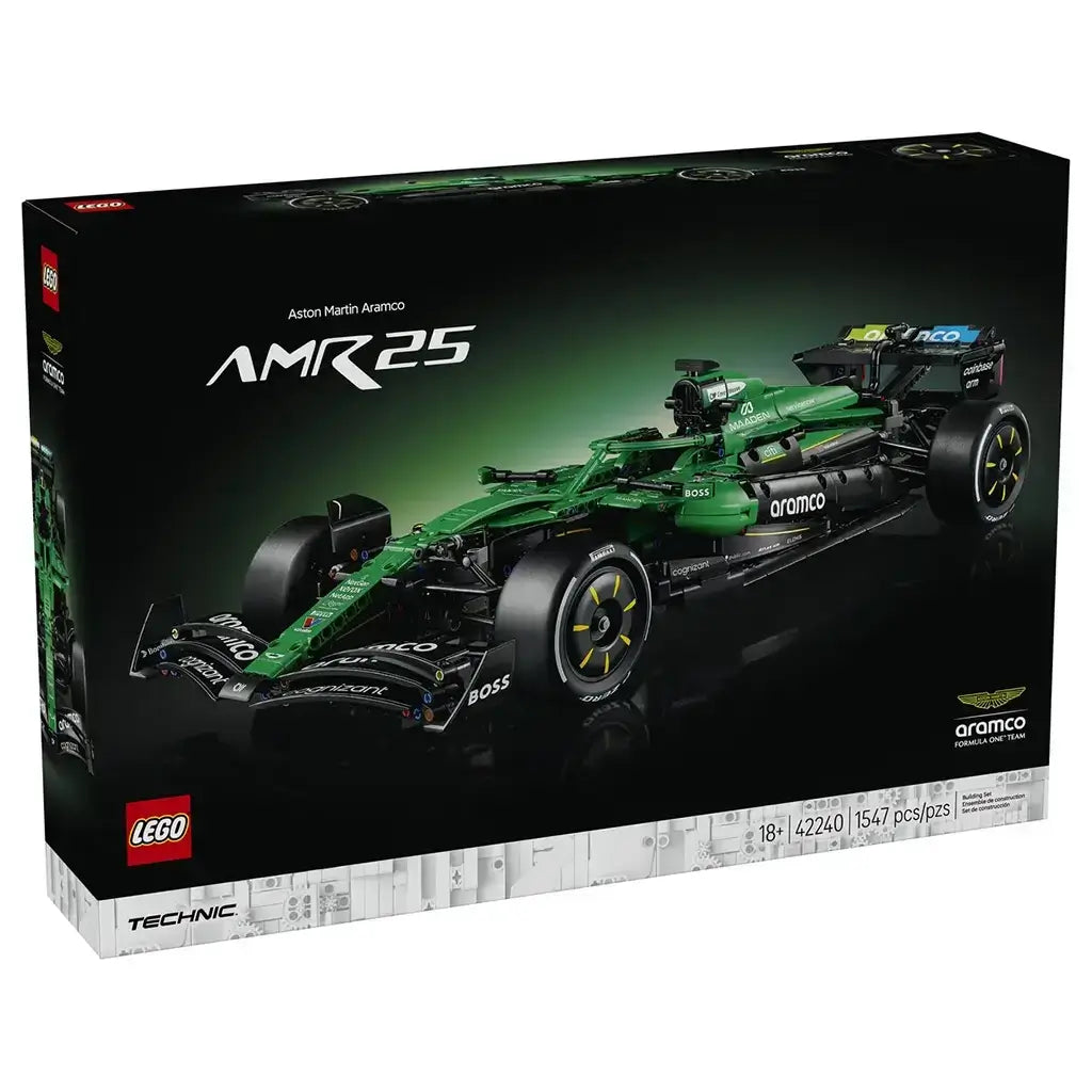 LEGO Technic Aston Martin Aramco AMR25 F1 car set 42240 comes in a black box showing the green race car with sponsor graphics, racing tires and aerodynamic bodywork.