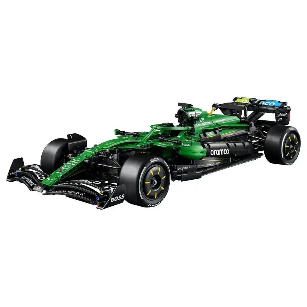 LEGO Technic Aston Martin Aramco AMR25 F1 car in green and black bricks has aerodynamic wings, detailed suspension, sponsor graphics and racing tires on white.