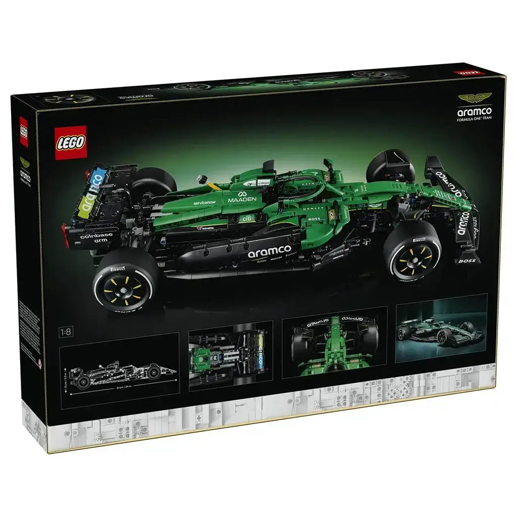 LEGO Technic Aston Martin Aramco AMR25 F1 car set 42240 box back shows the green race car, sponsor graphics and close-up images of its mechanical details and profile.
