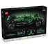 LEGO Technic Aston Martin Aramco AMR25 F1 car set 42240 box back shows the green race car, sponsor graphics and close-up images of its mechanical details and profile.