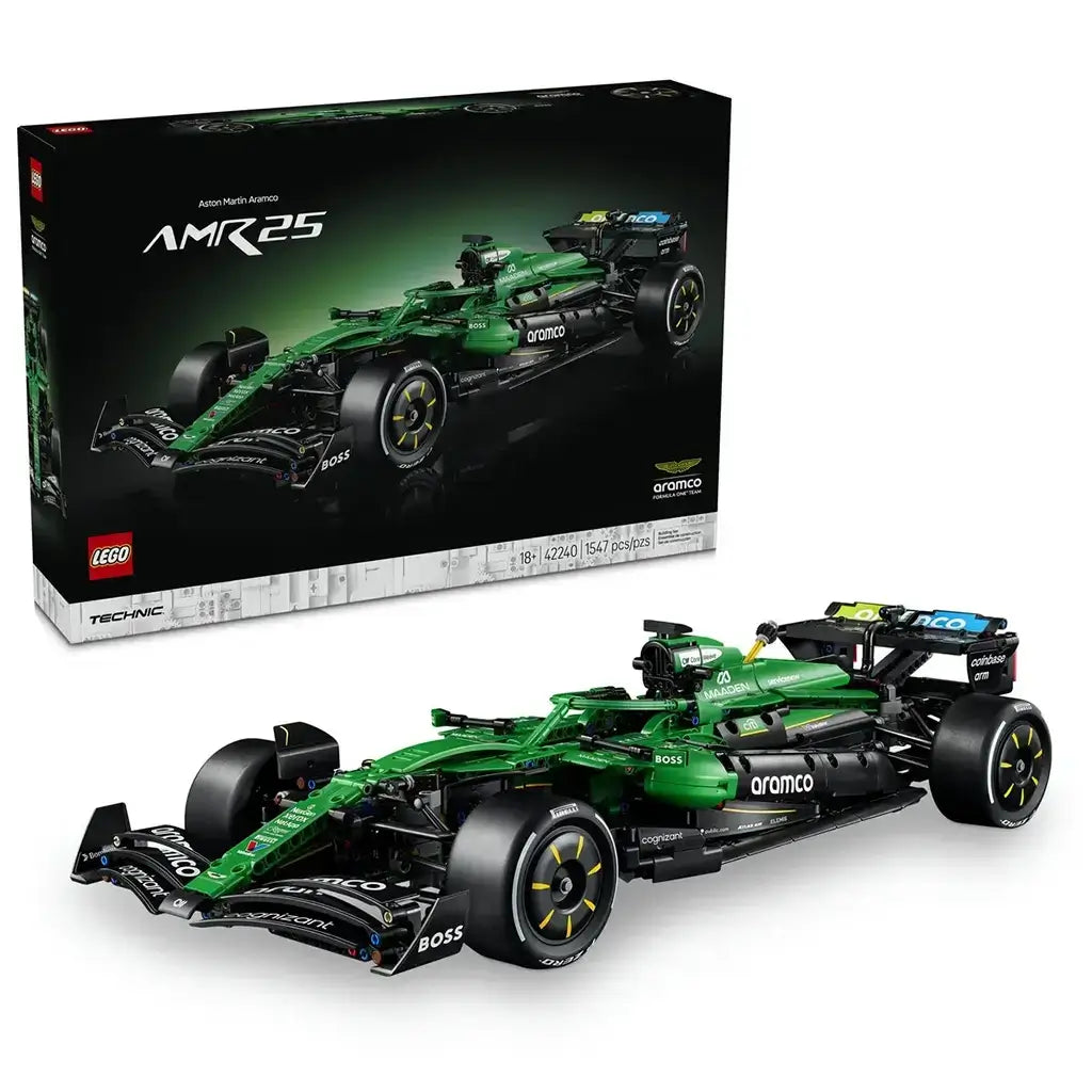 LEGO Technic Aston Martin Aramco AMR25 F1 car in green and black bricks features detailed wings, racing tires and sponsor graphics, shown with its black retail box.