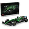 LEGO Technic Aston Martin Aramco AMR25 F1 car in green and black bricks features detailed wings, racing tires and sponsor graphics, shown with its black retail box.
