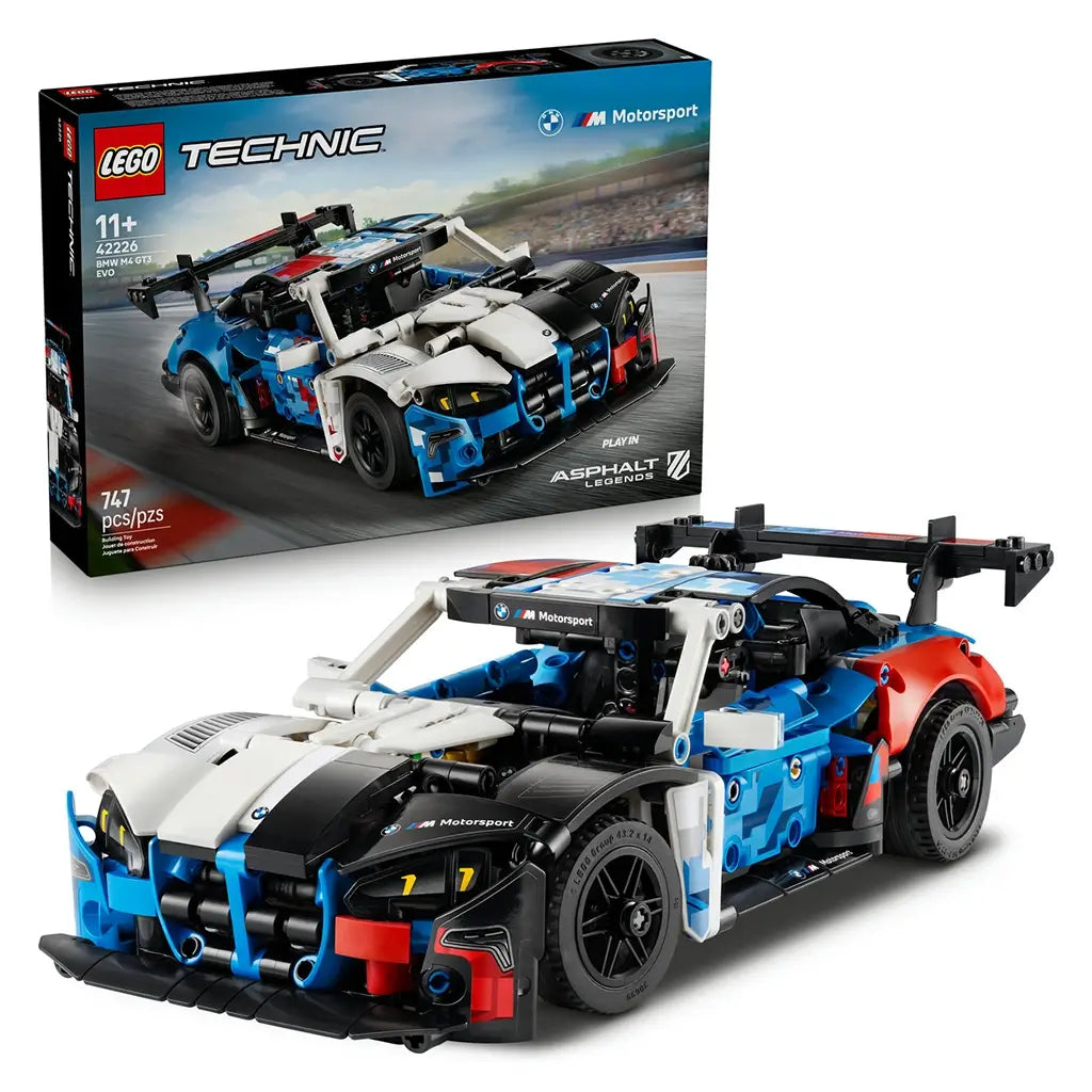 LEGO Technic BMW M4 GT3 EVO set includes multicolor race car model with aerodynamic body and rear wing, paired with branded packaging box, arranged on a clean white background for retail product presentation.