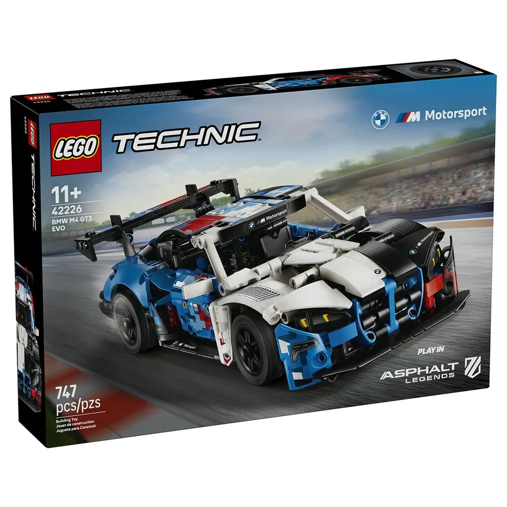 LEGO Technic BMW M4 GT3 EVO set features a blue, white, black, and red plastic race car with sleek aerodynamic body, low profile shape, and detailed racing elements, shown on branded box packaging with track background for high speed theme.