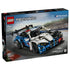 LEGO Technic BMW M4 GT3 EVO set features a blue, white, black, and red plastic race car with sleek aerodynamic body, low profile shape, and detailed racing elements, shown on branded box packaging with track background for high speed theme.
