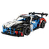 LEGO Technic BMW M4 GT3 EVO model features a blue, white, black, and red plastic race car with smooth curved panels, low aerodynamic profile, and detailed front grille, isolated on a clean white background for product display.