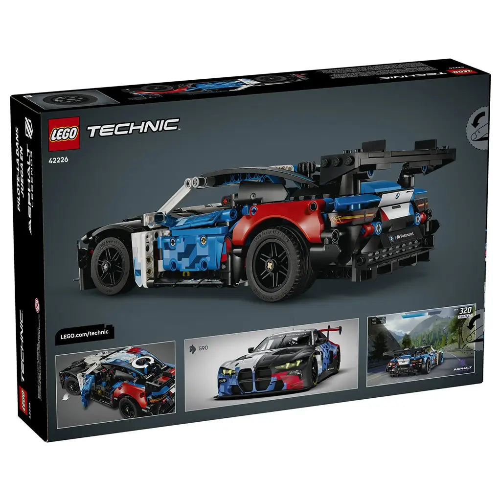 LEGO Technic BMW M4 GT3 EVO box back displays dark packaging with the multicolor race car model, highlighting aerodynamic design, functional features, and real BMW comparison images in a clean studio presentation layout.