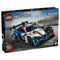 LEGO Technic BMW M4 GT3 EVO set features a blue, white, black, and red plastic race car with sleek aerodynamic body, low profile shape, and detailed racing elements, shown on branded box packaging with track background for high speed theme.