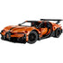 LEGO Technic Bugatti Chiron Pur Sport model features orange and black plastic Technic panels with low aerodynamic body, curved side profile, detailed headlights, black wheels, and rear wing displayed on a clean white background.