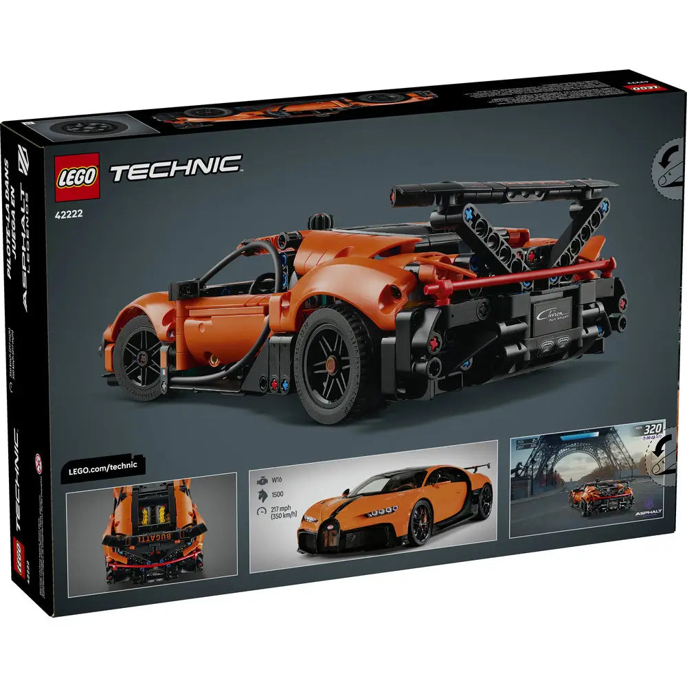 LEGO Technic Bugatti Chiron Pur Sport box back shows dark packaging with rear and side views of the model, internal mechanism highlights, performance callouts, and reference images of the real car.