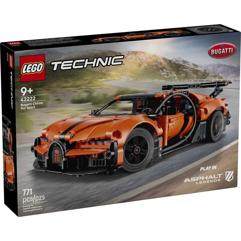 LEGO Technic Bugatti Chiron Pur Sport box front displays premium packaging with the orange supercar driving on a mountain road, Bugatti branding, set number 42222, age 9+, and piece count clearly shown.