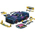 LEGO Technic Ford Mustang GT in dark blue plastic with pink and cyan graphics, shown with yellow custom body panels and spoilers arranged around the model on white.