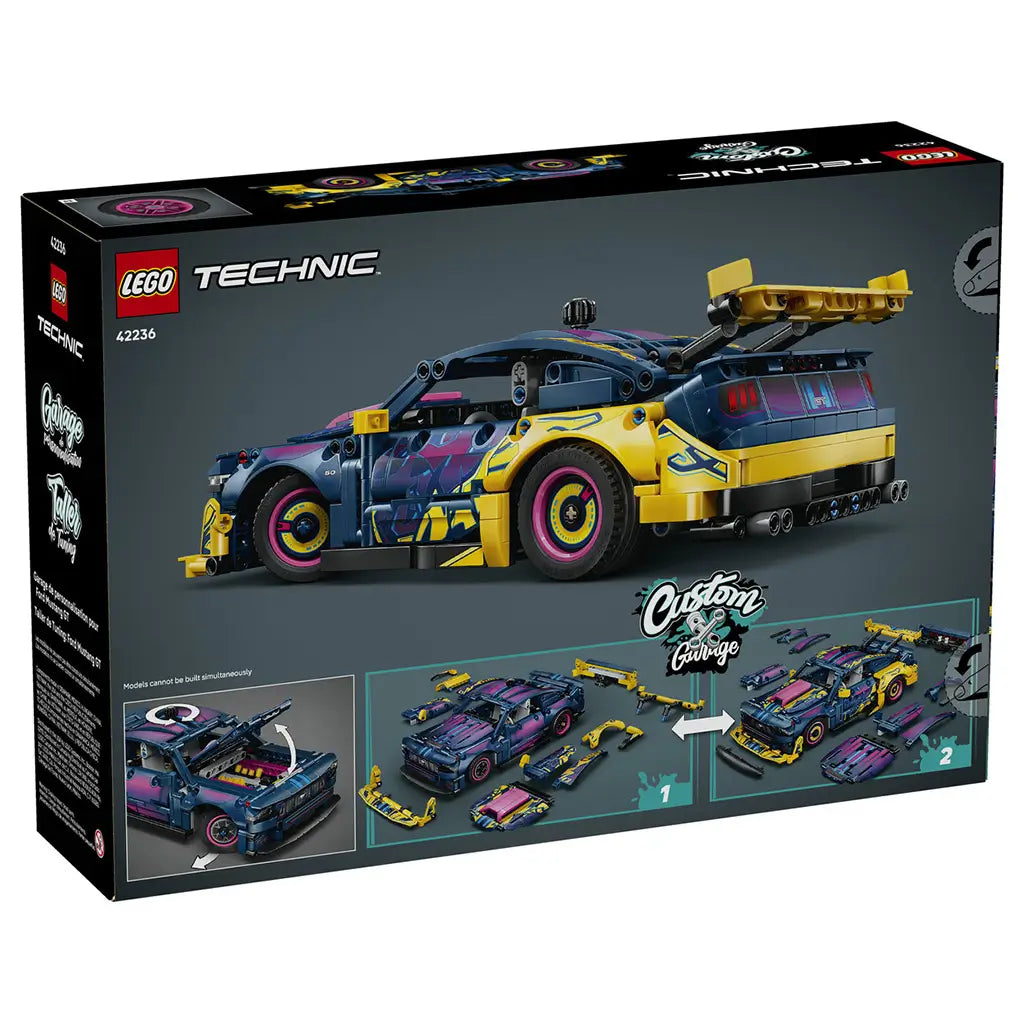 LEGO Technic Ford Mustang GT box back in dark gray cardboard shows the dark blue, pink and yellow customized car plus diagrams for swapping body panels and opening hood.