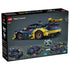 LEGO Technic Ford Mustang GT box back in dark gray cardboard shows the dark blue, pink and yellow customized car plus diagrams for swapping body panels and opening hood.