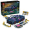 LEGO Technic Ford Mustang GT set in dark blue plastic with pink, cyan and yellow details, displayed with its retail box and interchangeable custom car parts on white.