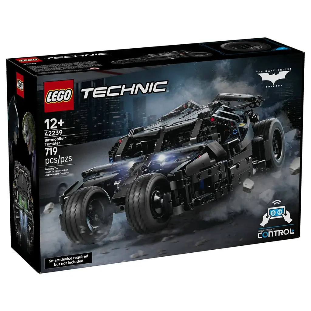 LEGO Technic Batmobile Tumbler 42239 box features the black 719-piece vehicle racing through a smoky city scene, with Control+ branding on the front package.