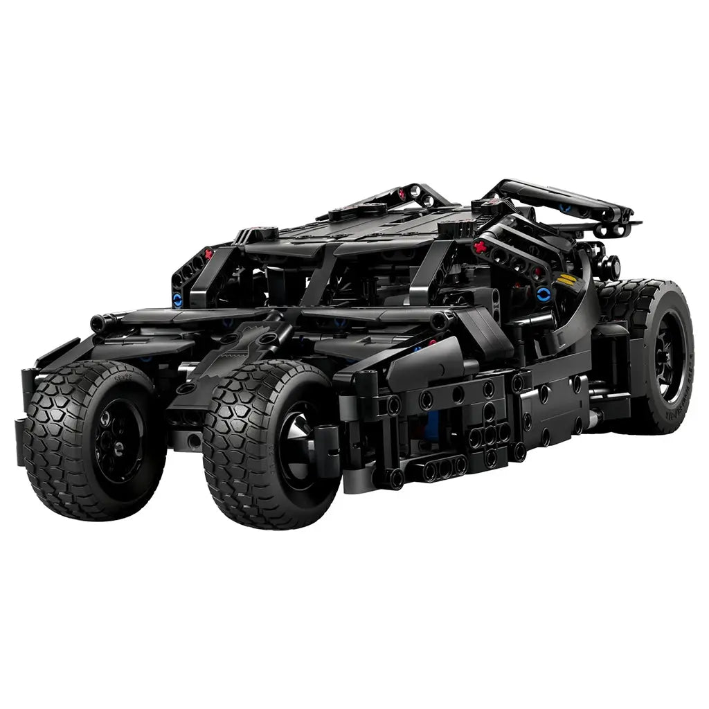 LEGO Technic Batmobile Tumbler model in black plastic features an angular armored body, four rugged tires, and detailed mechanical parts, isolated on a white background.