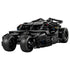 LEGO Technic Batmobile Tumbler model in black plastic features an angular armored body, four rugged tires, and detailed mechanical parts, isolated on a white background.