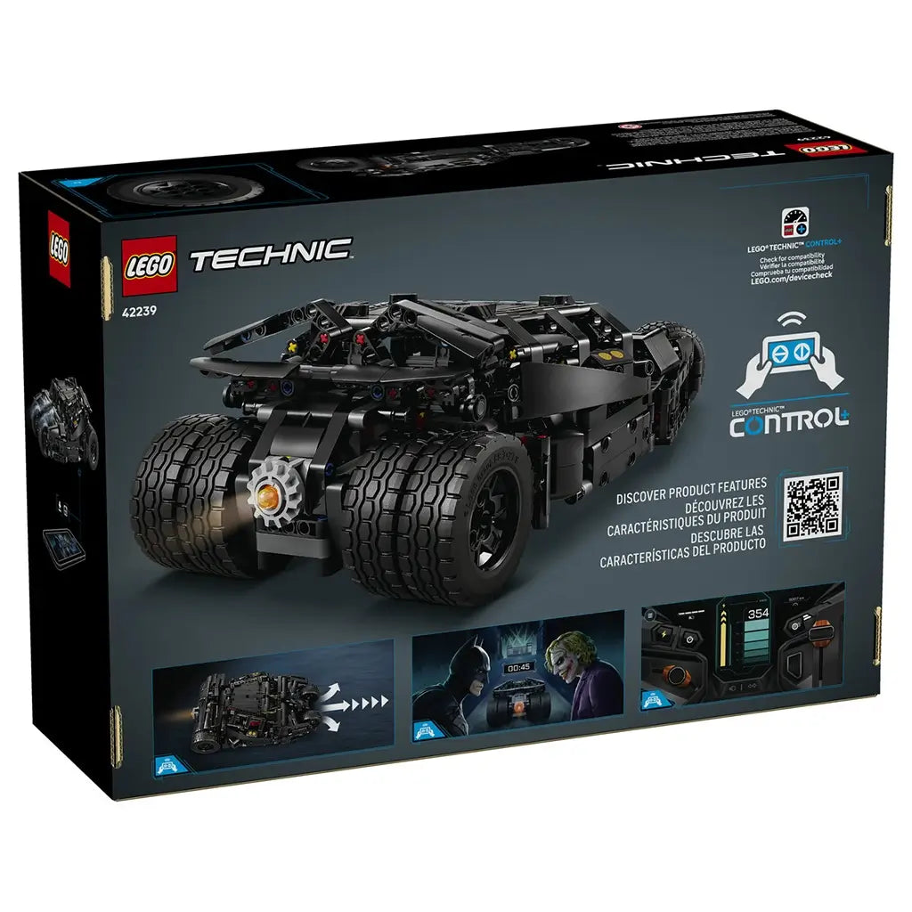 LEGO Technic Batmobile Tumbler 42239 package back shows the black vehicle, Control+ app graphics, product feature panels, QR code, and Dark Knight character imagery.