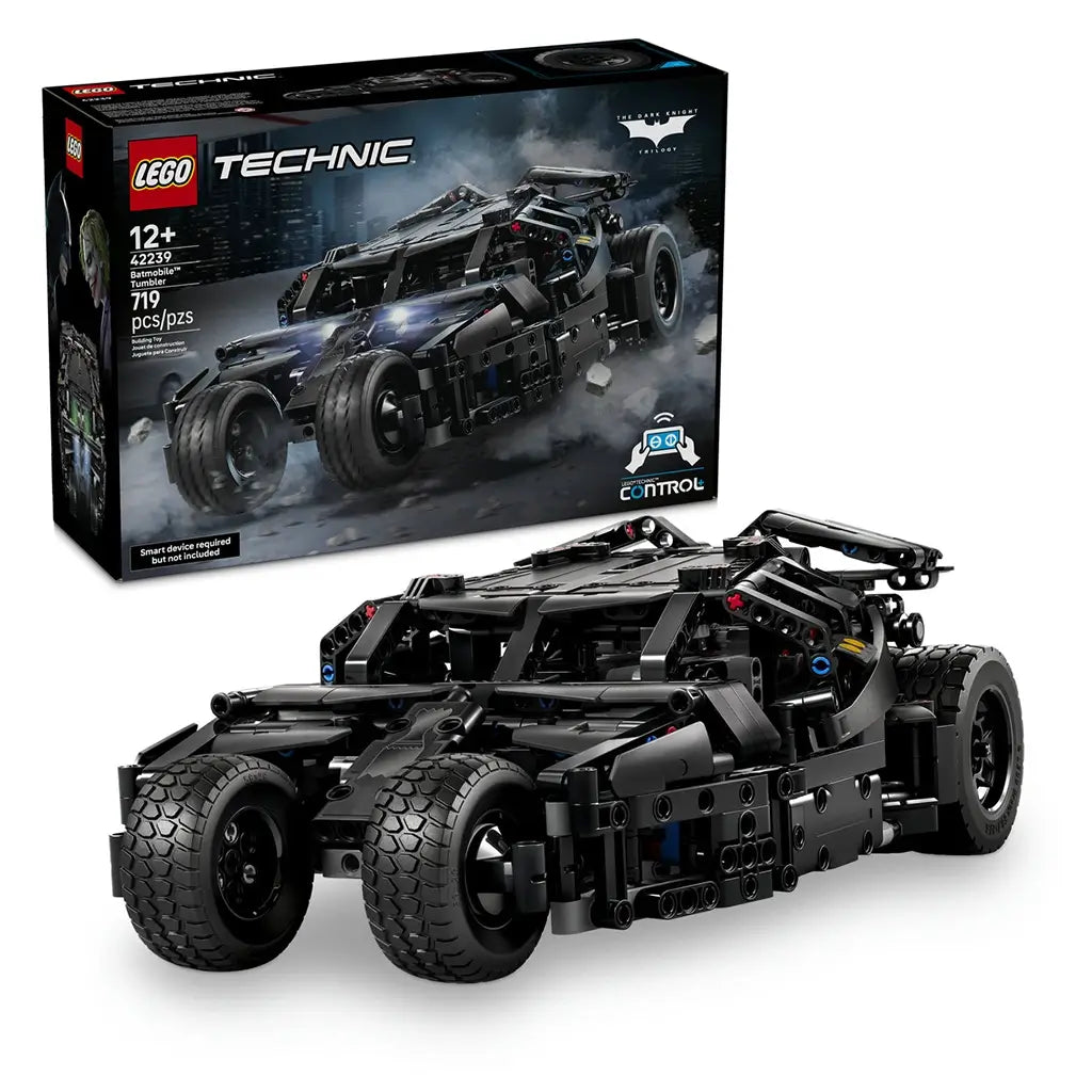 LEGO Technic Batmobile Tumbler set 42239 pairs the black 719-piece vehicle model with its Dark Knight Trilogy retail box, displayed together on a white background.