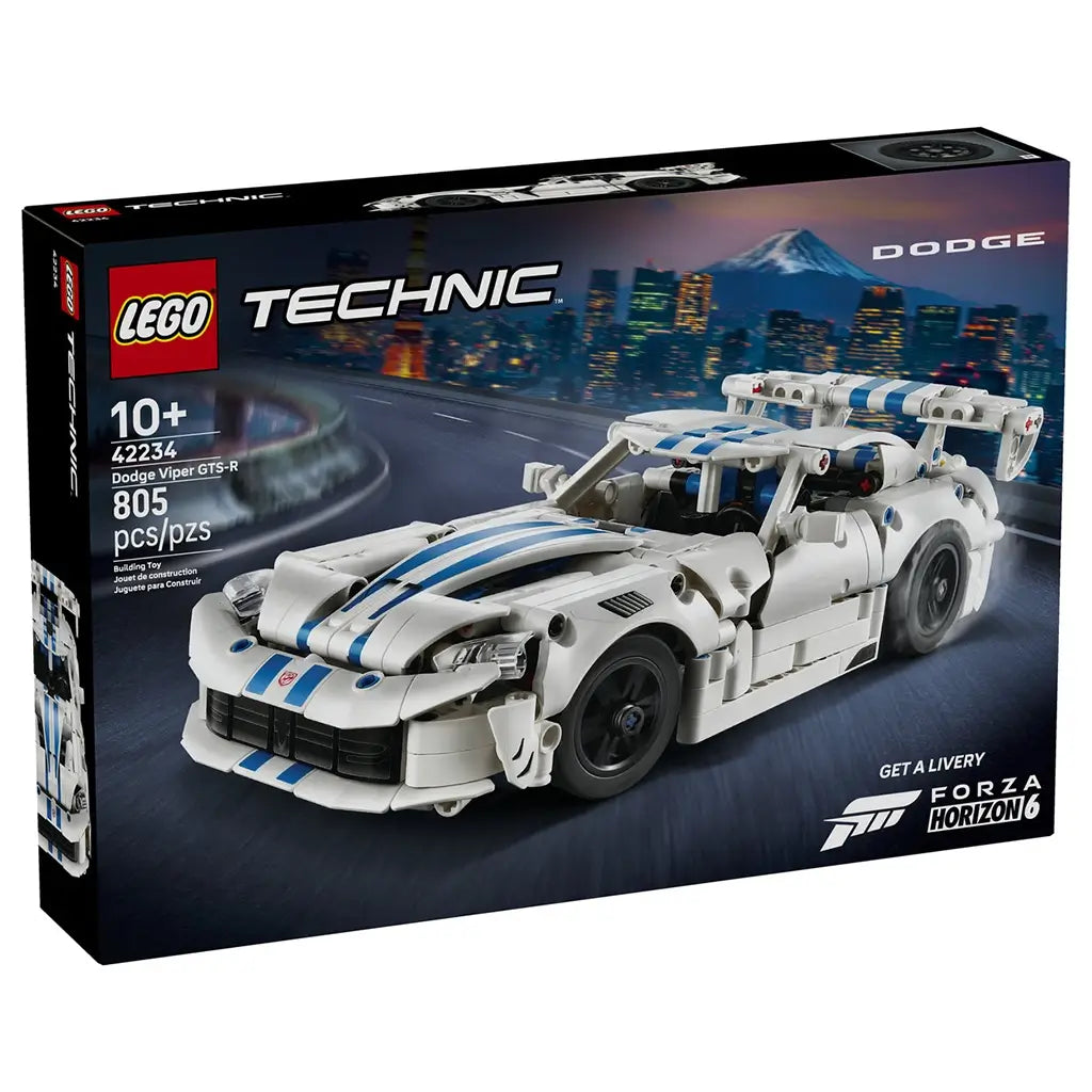 LEGO Technic Dodge Viper GTS-R box in black cardboard shows the white 805-piece race car with blue stripes and rear wing speeding through a nighttime city road scene.