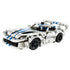 LEGO Technic Dodge Viper GTS-R model in white plastic with blue racing stripes has a low wide body, black wheels and large rear wing, displayed on a white background.