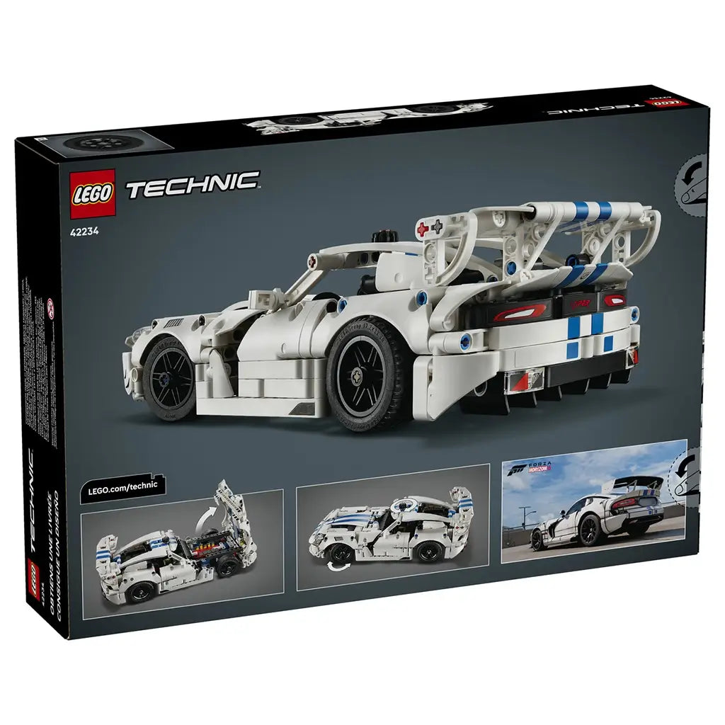 LEGO Technic Dodge Viper GTS-R box back in dark gray cardboard shows the white race car from the rear, with panels illustrating working features and a real Viper.