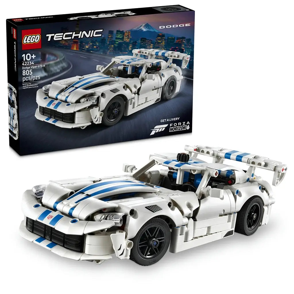 LEGO Technic Dodge Viper GTS-R set shows a white plastic race car with blue stripes, black wheels and rear wing displayed in front of its retail box on white.