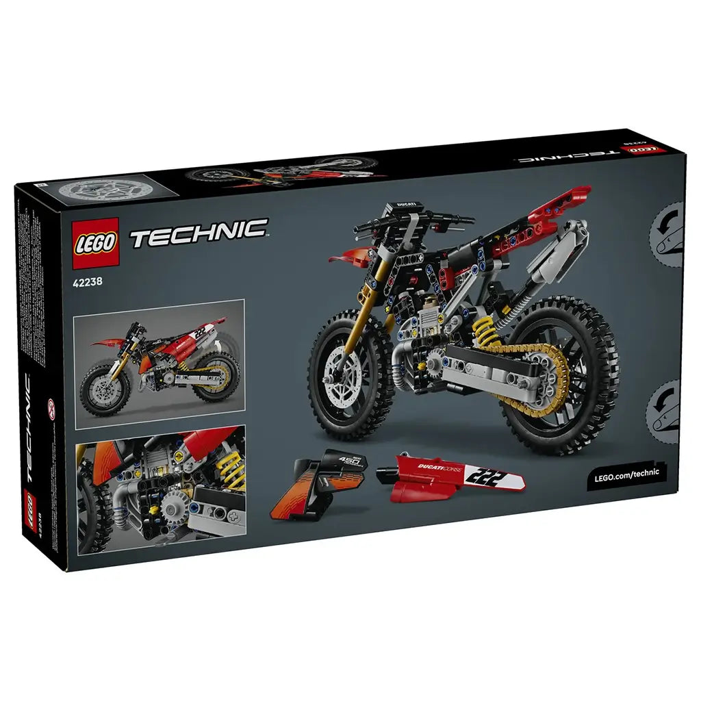 LEGO Technic Ducati Desmo450 MX Factory 42238 package back shows the motorcycle rear view, exposed engine and chain details, removable body panels, and feature graphics.