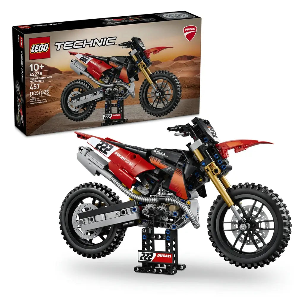 LEGO Technic Ducati Desmo450 MX Factory set pairs the red, black, and gold motorcycle model with its 457-piece retail box, displayed together on a white background.