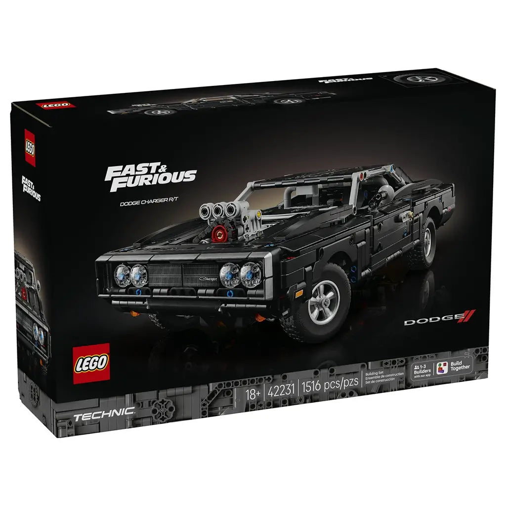LEGO Technic Fast & Furious Dodge Charger R/T set in black plastic bricks, shown as a muscle car model on the 1516-piece 42231 retail box against a black background.