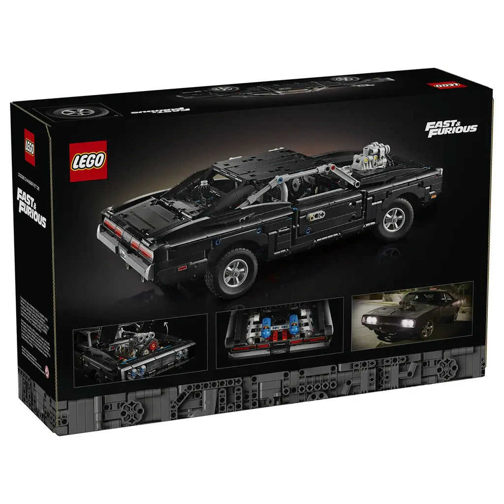 LEGO Technic Fast & Furious Dodge Charger R/T set on a black retail box, showing the model's rear view, feature close-ups and movie car reference above gray Technic graphics.
