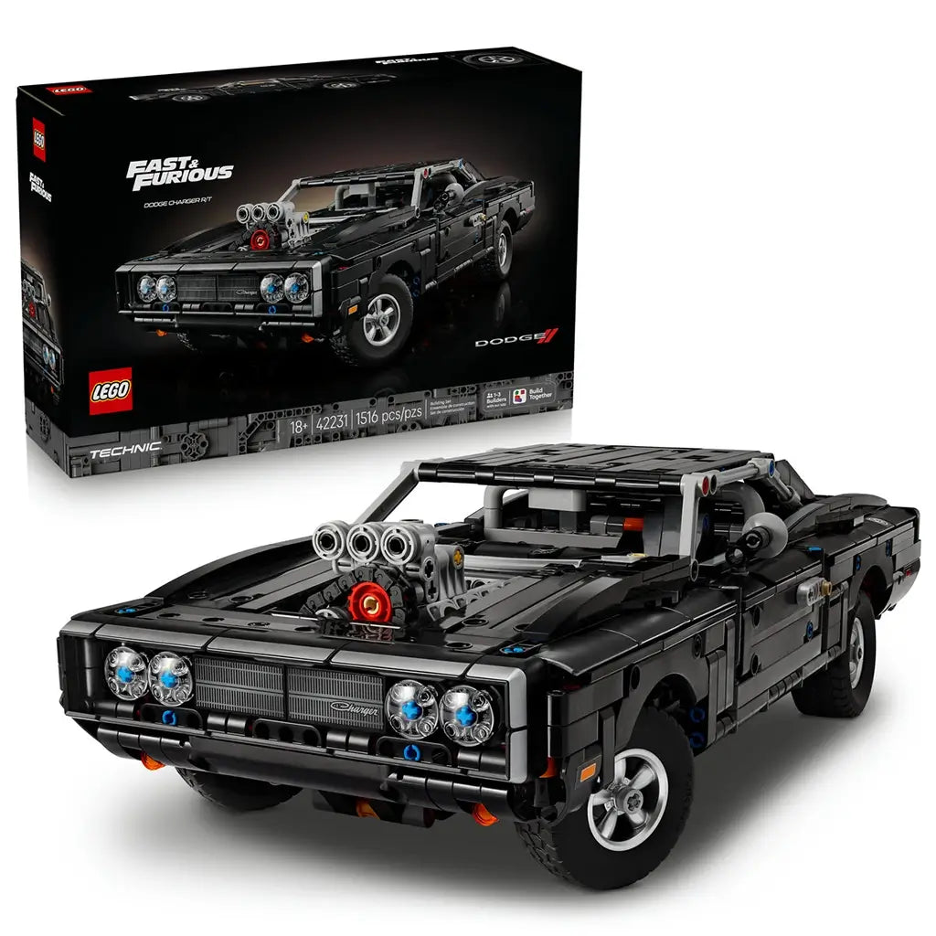 LEGO Technic Dodge Charger R/T in black plastic bricks with silver wheels and exposed supercharger, displayed with its Fast & Furious 42231 retail box on white.