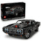 LEGO Technic Dodge Charger R/T in black plastic bricks with silver wheels and exposed supercharger, displayed with its Fast & Furious 42231 retail box on white.