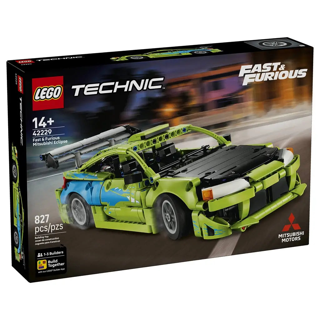 LEGO Technic Fast & Furious Mitsubishi Eclipse set in lime green and blue plastic bricks, pictured as a race car on the 827-piece 42229 retail box against a blurred street.