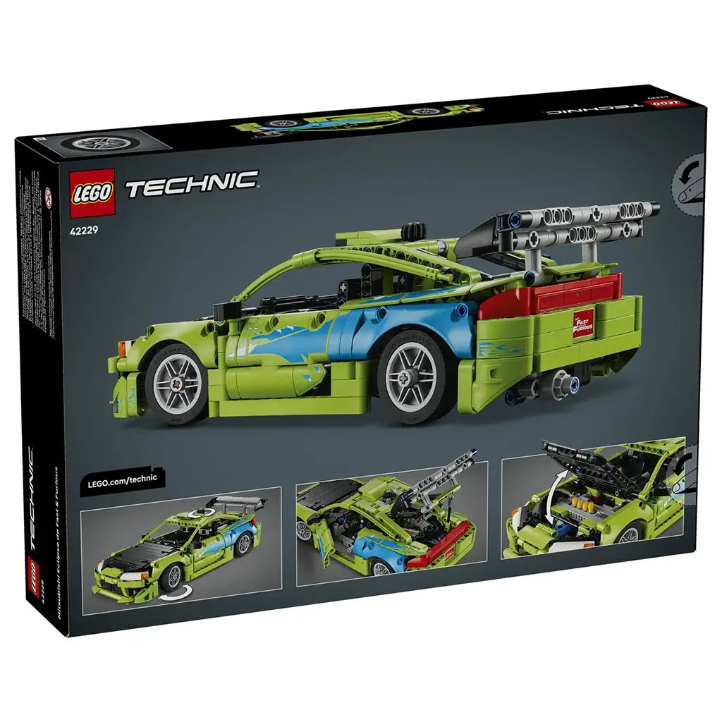 LEGO Technic Mitsubishi Eclipse in lime green and blue plastic bricks, shown from the rear on the Fast & Furious 42229 retail box with feature close-ups on gray.