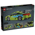 LEGO Technic Mitsubishi Eclipse in lime green and blue plastic bricks, shown from the rear on the Fast & Furious 42229 retail box with feature close-ups on gray.
